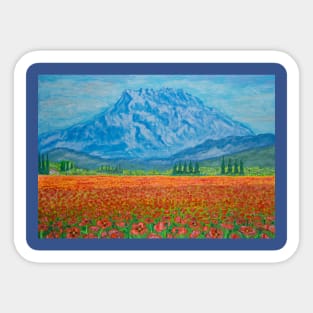 A mountain and a field with red poppies Sticker